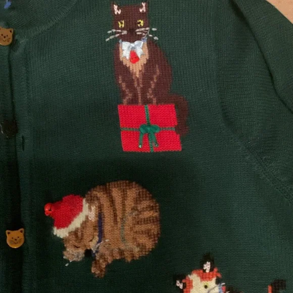 Vintage Y2K 2001 Womens XL Christmas Cat Bells Wool Blend Knit Cardigan Sweater - Picture 4 of 10